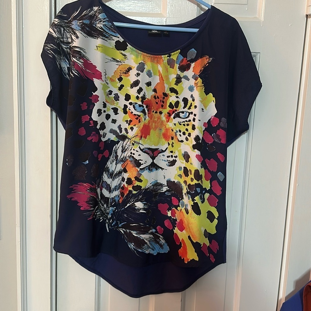 Rock & Republic Shirt Navy Blue Tiger Cap Sleeves Pullover Blouse Size Medium